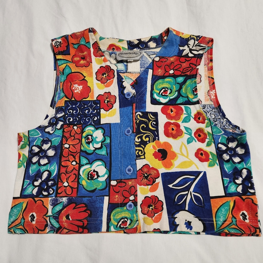 Vintage 90s Stonebridge Floral Patchwork Crop Vest Top Size Medium Made In USA